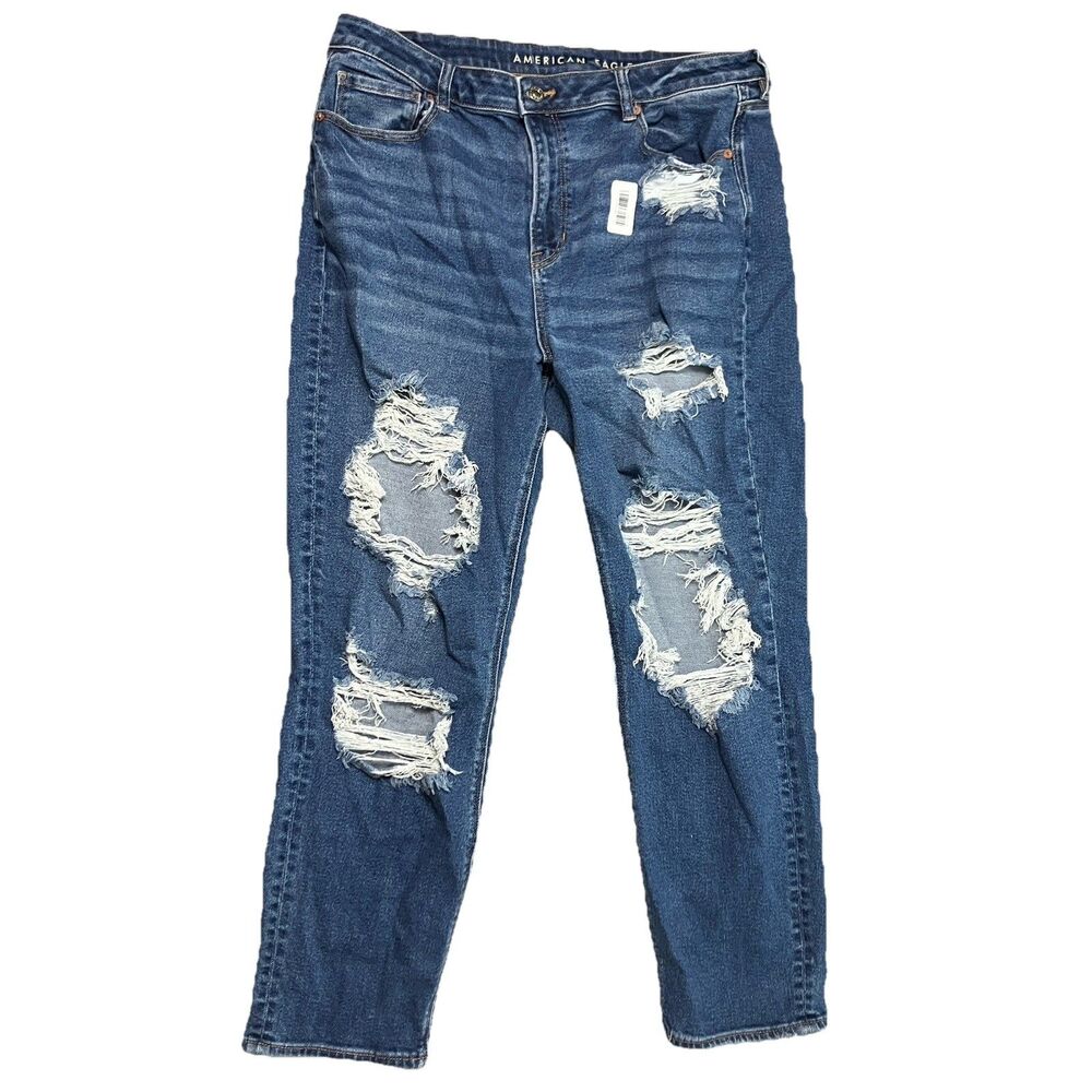 American‎ Eagle Blue Cropped Distressed Mom Jeans Busted Knee Womens 16